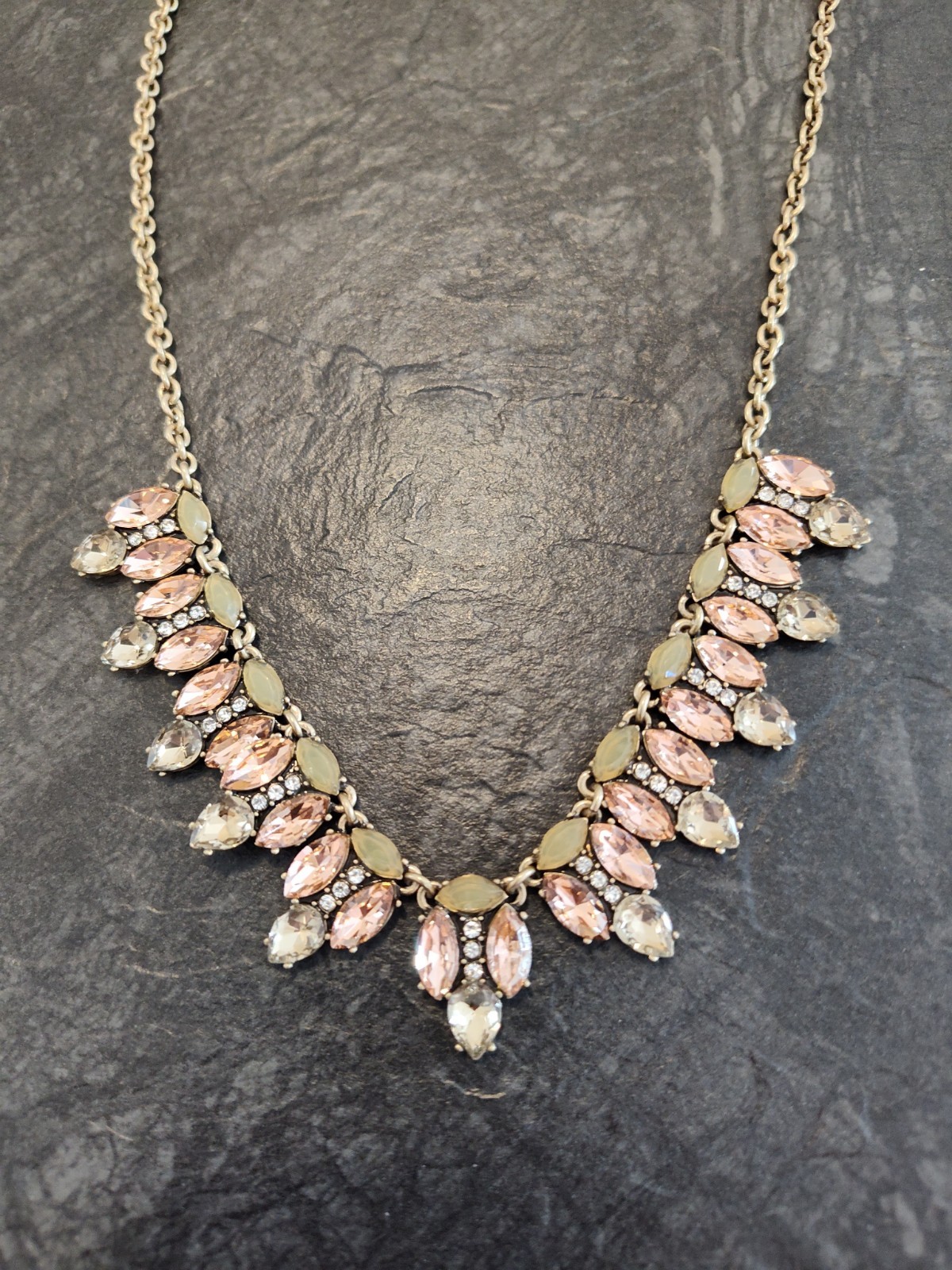 Banana Republic Gold Tone Pink, Gray,Clear Rhinestone Statement Bib Necklace NWT