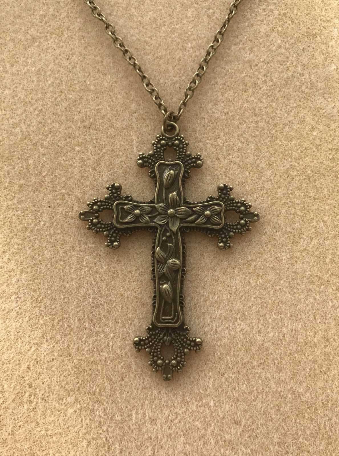 Large Gothic Vintage Bronze Ornate Cross 24″ Chain Necklace in Gift Bag
