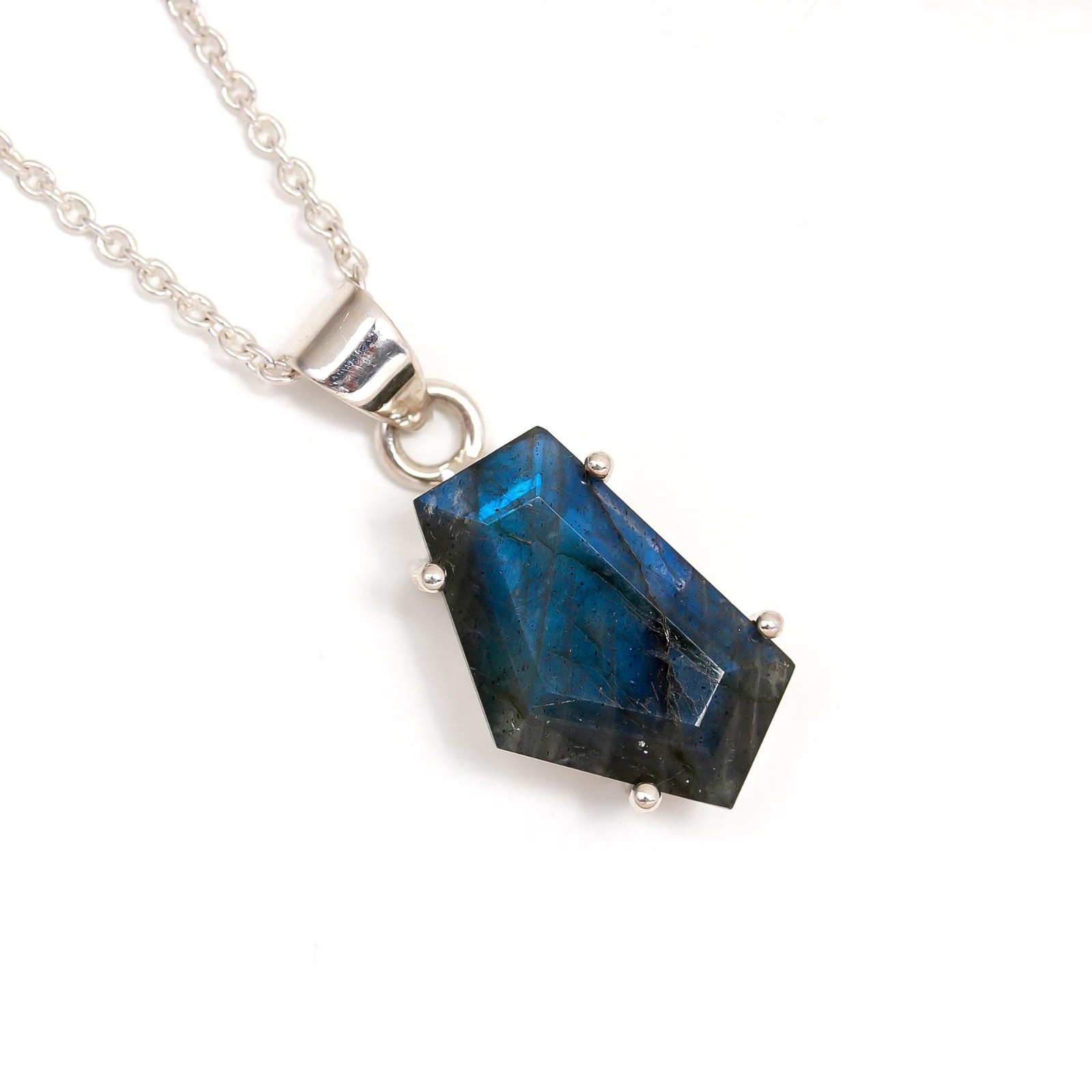 Natural Labradorite Shield Chain Necklace 925 Sterling Silver Designer Jewelry