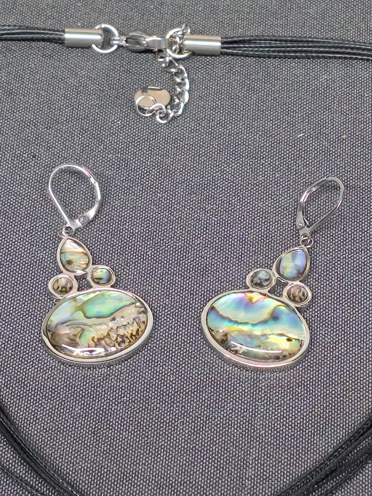 Artisan Abalone Shell Necklace Earring Set Multi Cord Silver Tone Ornate 16-18″