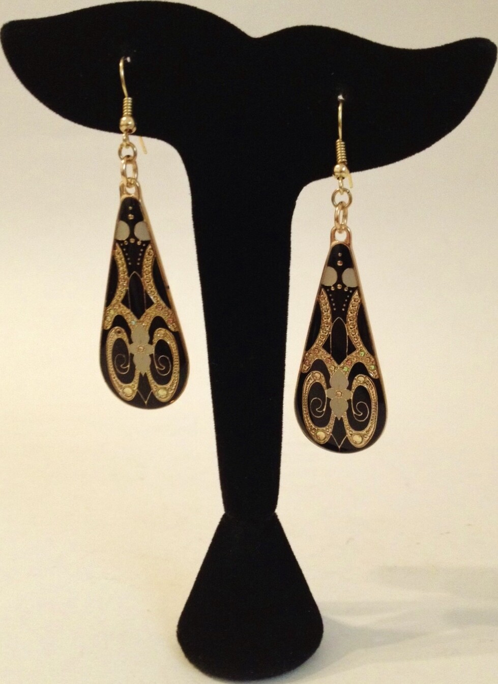 Black Resin Earrings Tear Drop Gold Metal Iridescent Rhinestones Retro Pierced