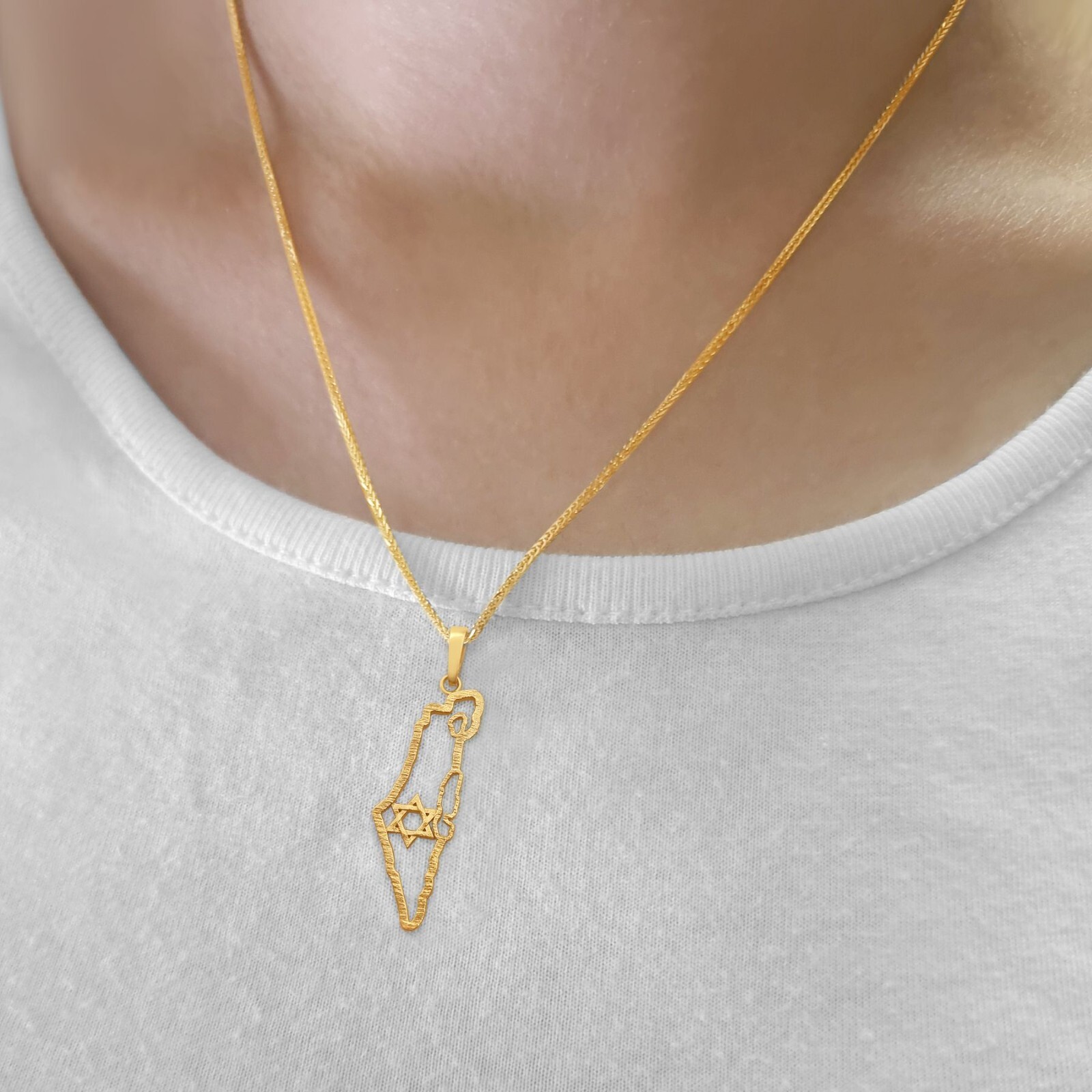 14K Solid Gold Israel Map Pendant with Jewish Star of David Judaica Jewelry Gift
