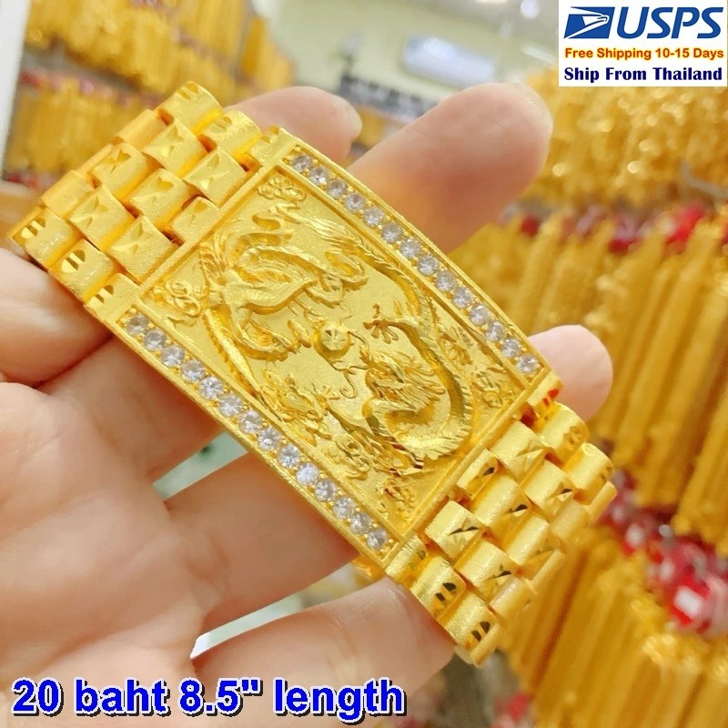 H9 Carved Dragon Bracelet 24k Gold Plated Men Jewelry Gem Weight 20 Baht 8.5″