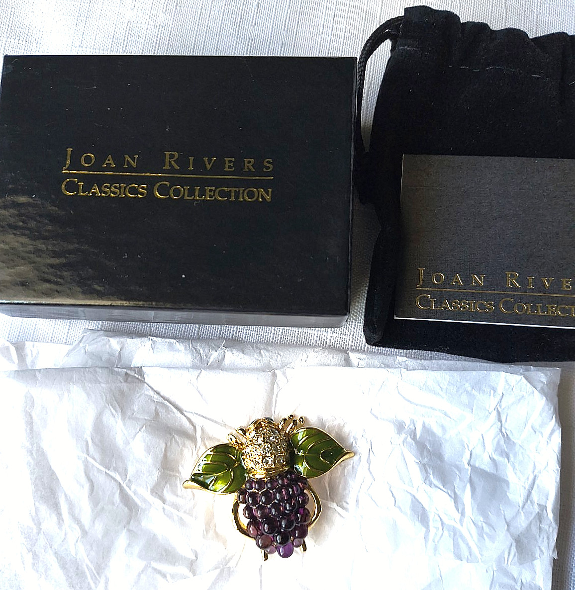 New! Joan Rivers Grape Vine Bee Pin Purple Gold Tone Green Eyes