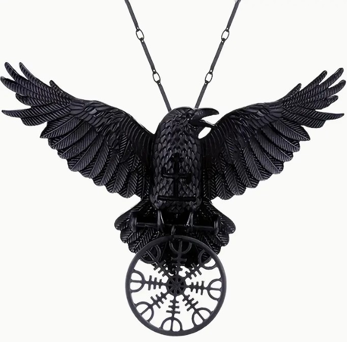 Large Gothic Black Raven/Crow Pendant Necklace Vegvisir Viking Nordic Compass