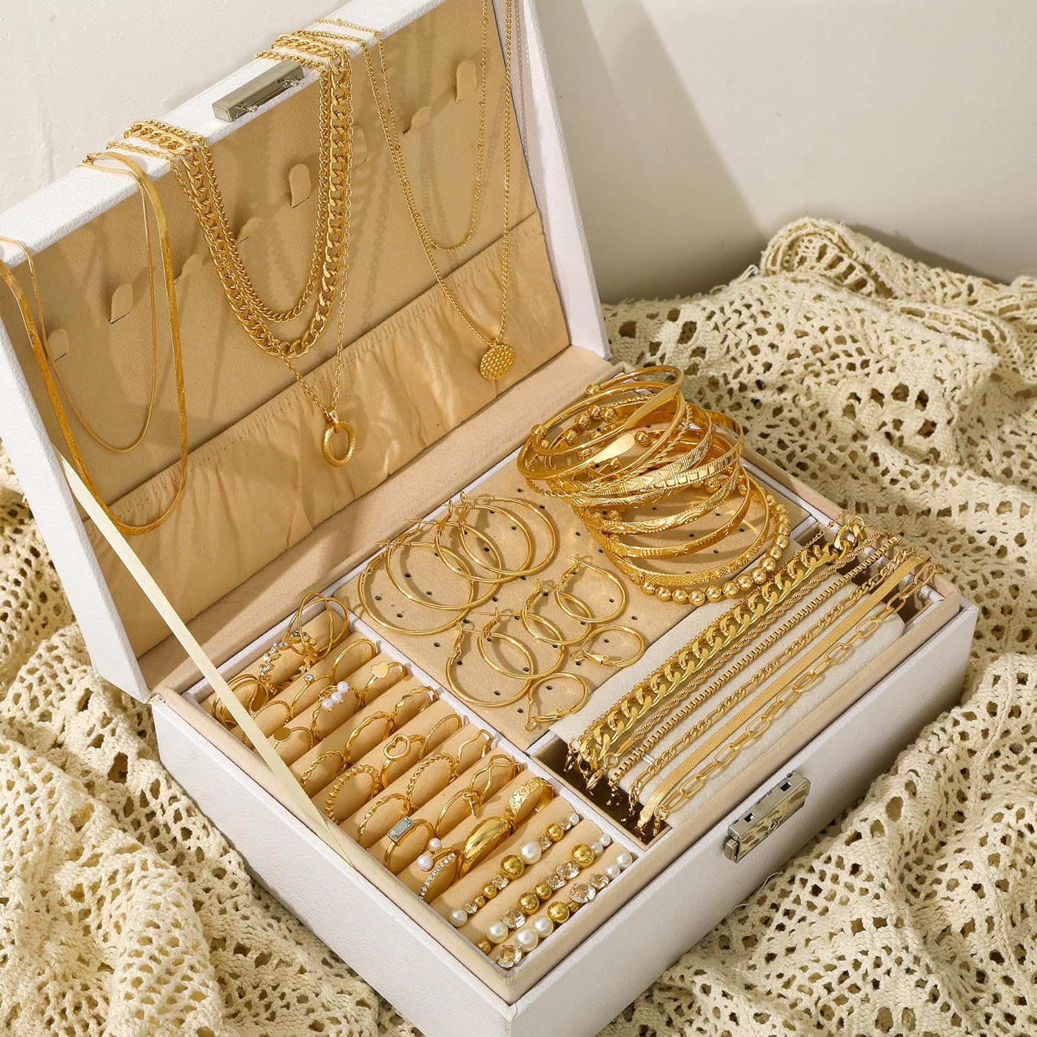 68 Pcs Gold Jewelry Set for Women with 7 Necklace, 17 Bracelet, 5 Hoop Earrings,