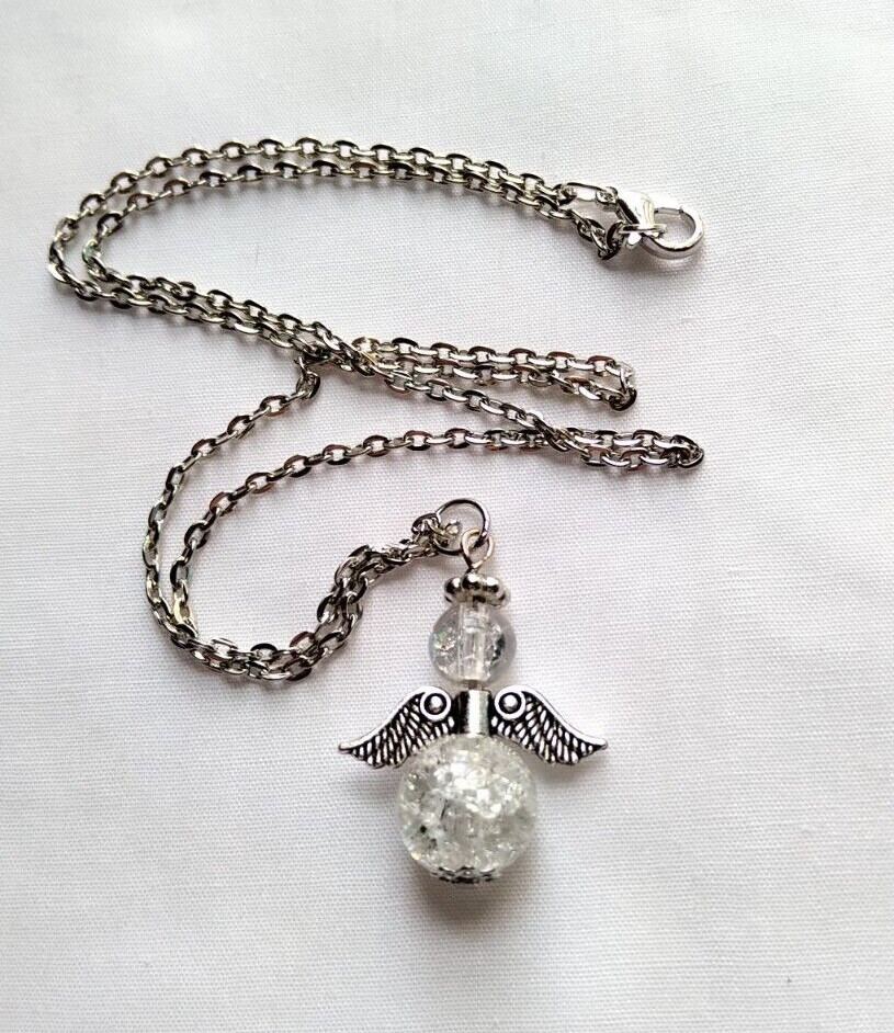 Angel Necklace Handmade Pendant Clear Crackle Glass Stainless Steel Chain Simple