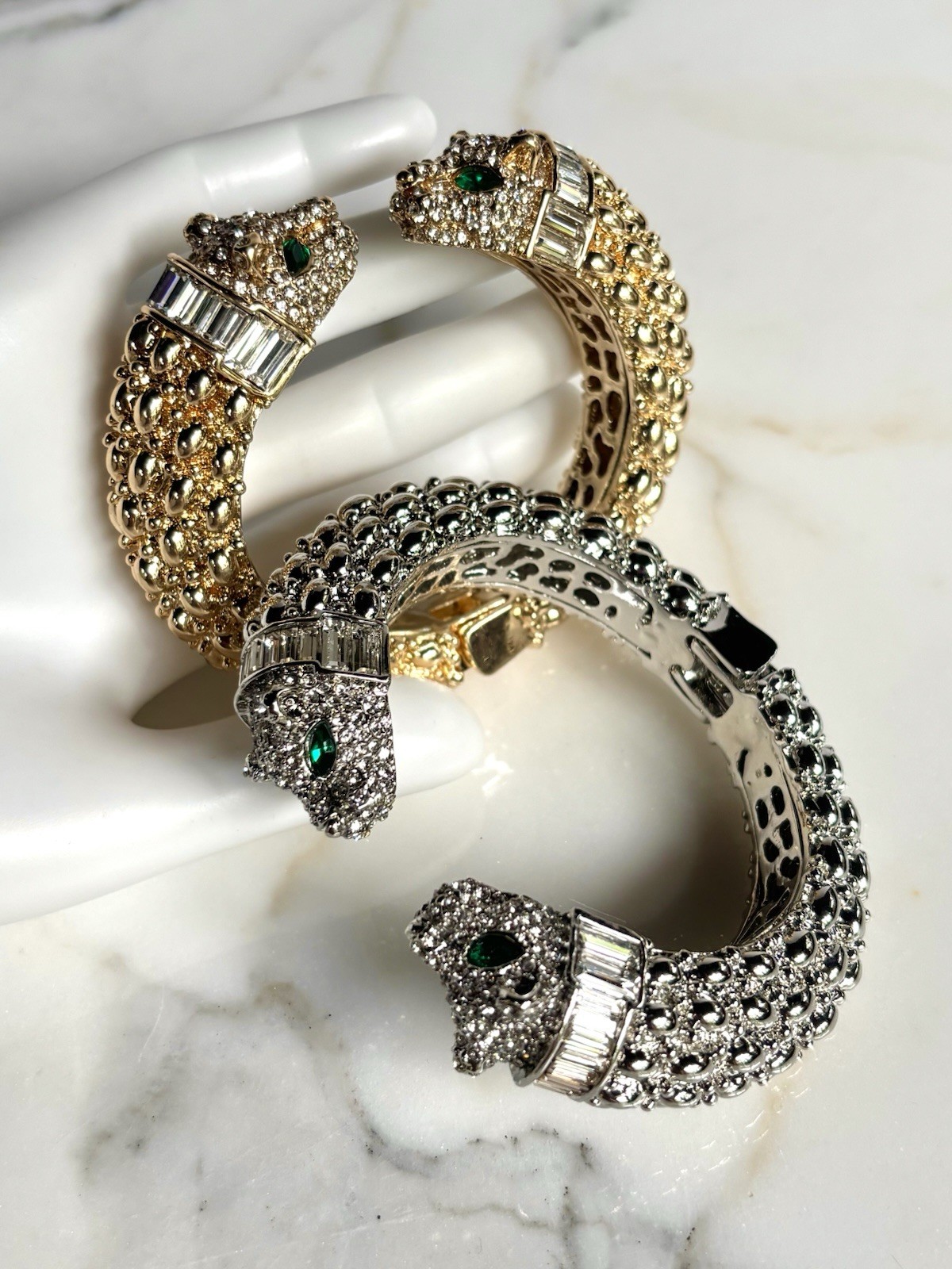 PANTHER FELINE SET /2 CRYSTALS HINGED CUFF BRACELET SILVER GOLD TONE BAGUETTES