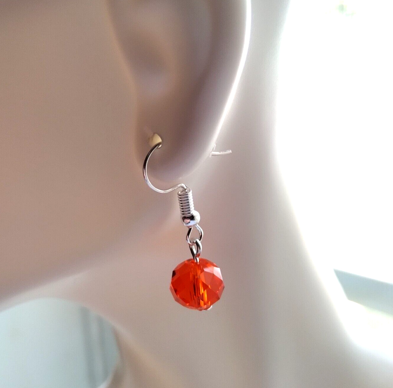 Handmade Orange Glass Crystal Drop Earrings Silver Tone Hook Boho Chic Simple