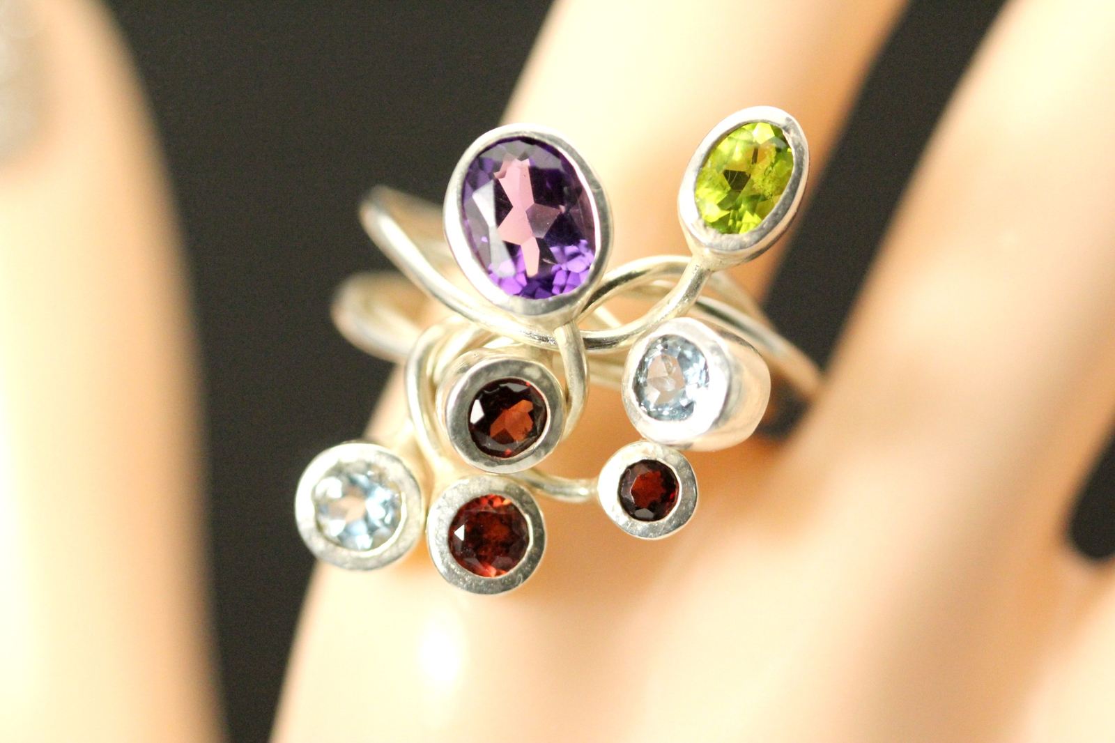 Multi-color Stone Four Wire 925 Sterling Silver Artisan Ring 8.6g sz 8(RIN9294)