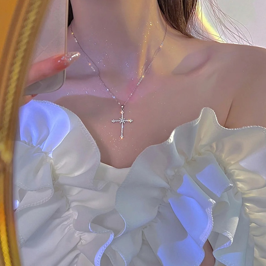 1pc Elegant Crystal Cross Pendant Necklace Silver Star Trendy Women’s Jewelry