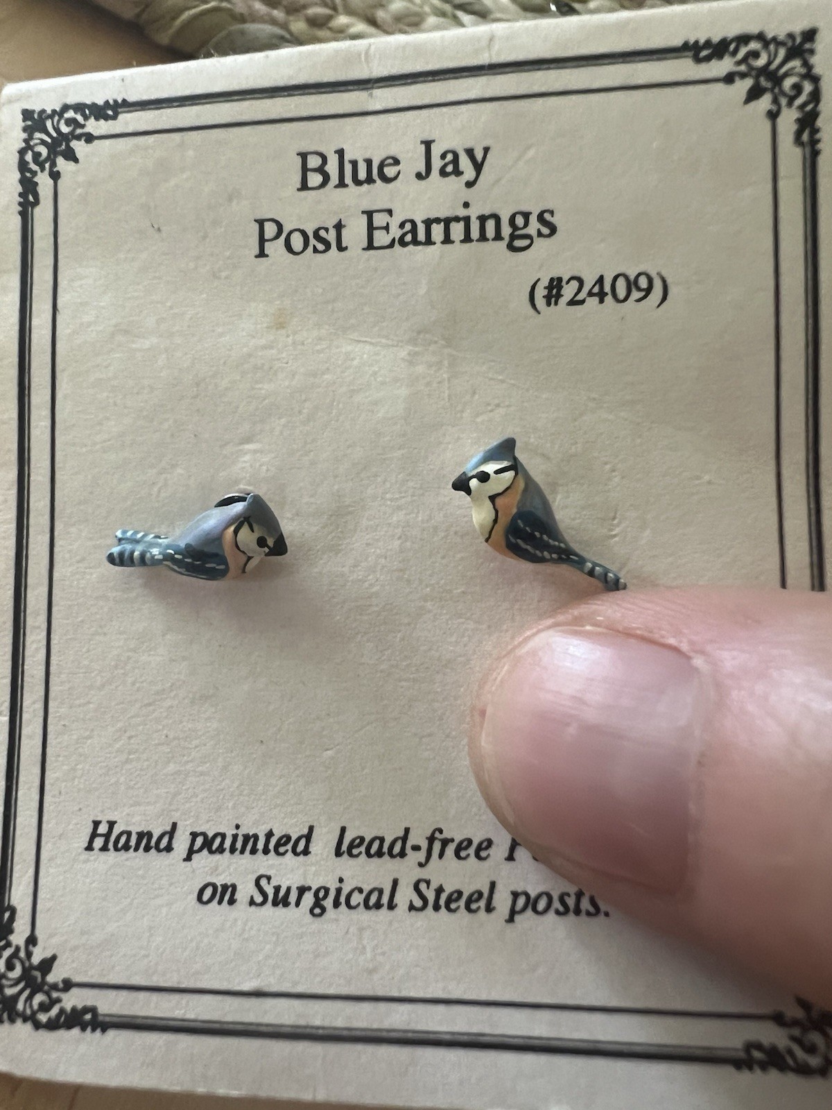 Blue Jay Bird Post Earrings Hand Painted Pewter Surgical Steel Hypoallergenic