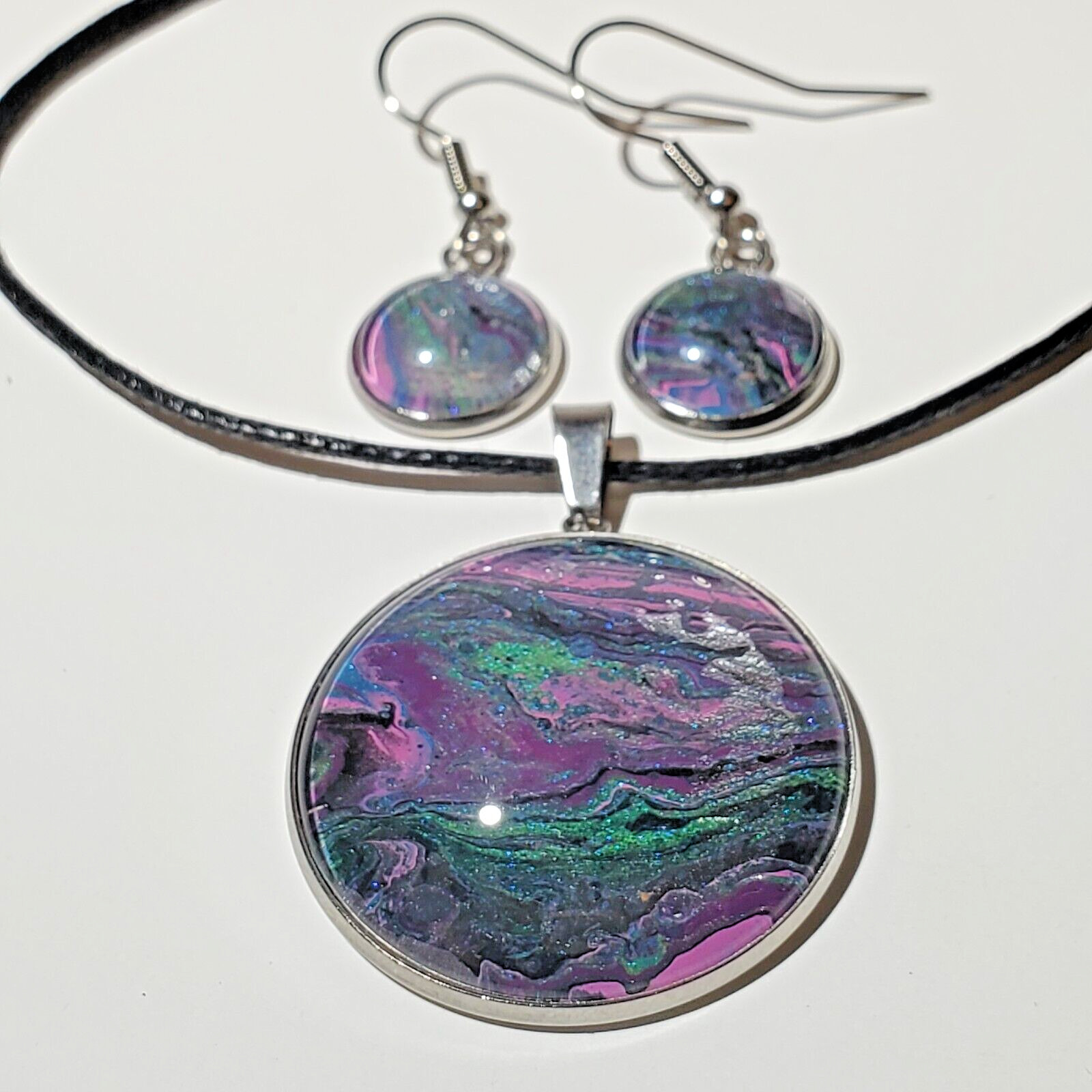 Necklace and Earrings Set, Acrylic Paint Pour Painting Jewelry, A6