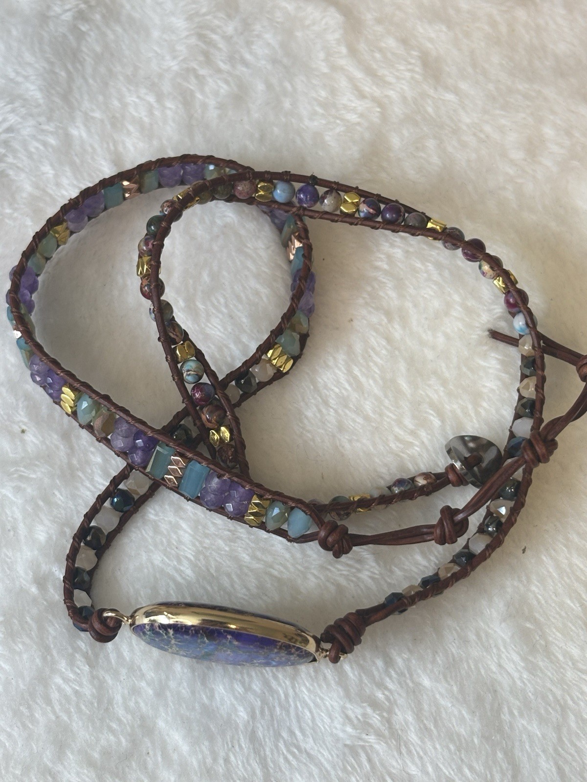 925 Plumiss Purple Turquoise Natural Gemstone Leather Beaded Boho Wrap Bracelet
