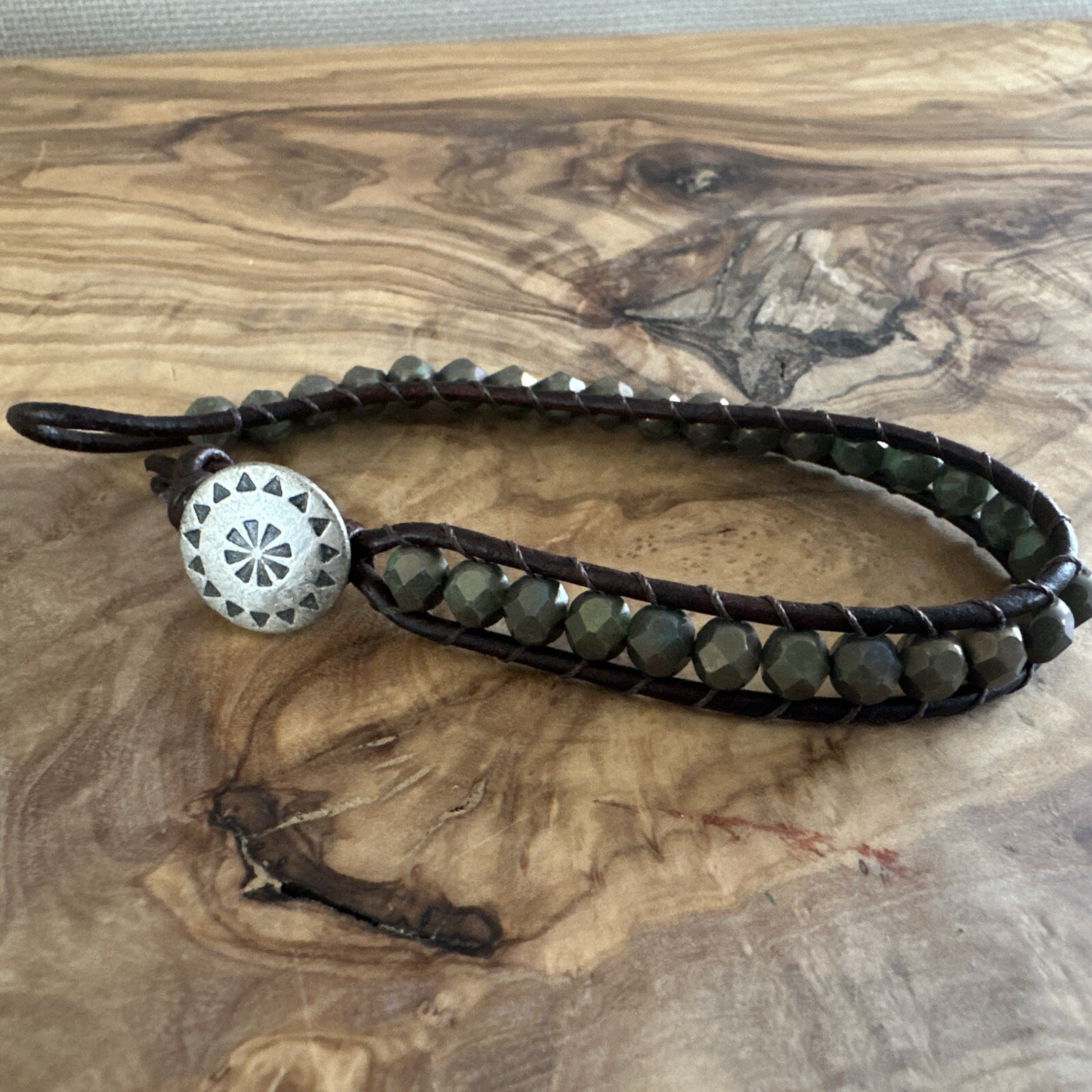 Beaded Leather Wrap Cuff Bracelet Silver Tone Button Closure