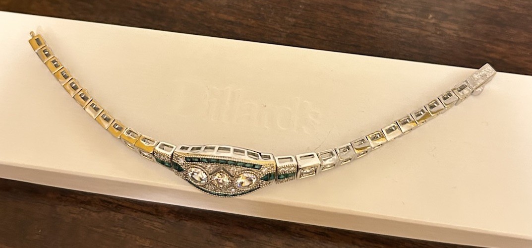 Silver Tone Emerald Green CZ And Diamond CZ Art Deco Inspired Bracelet NWT