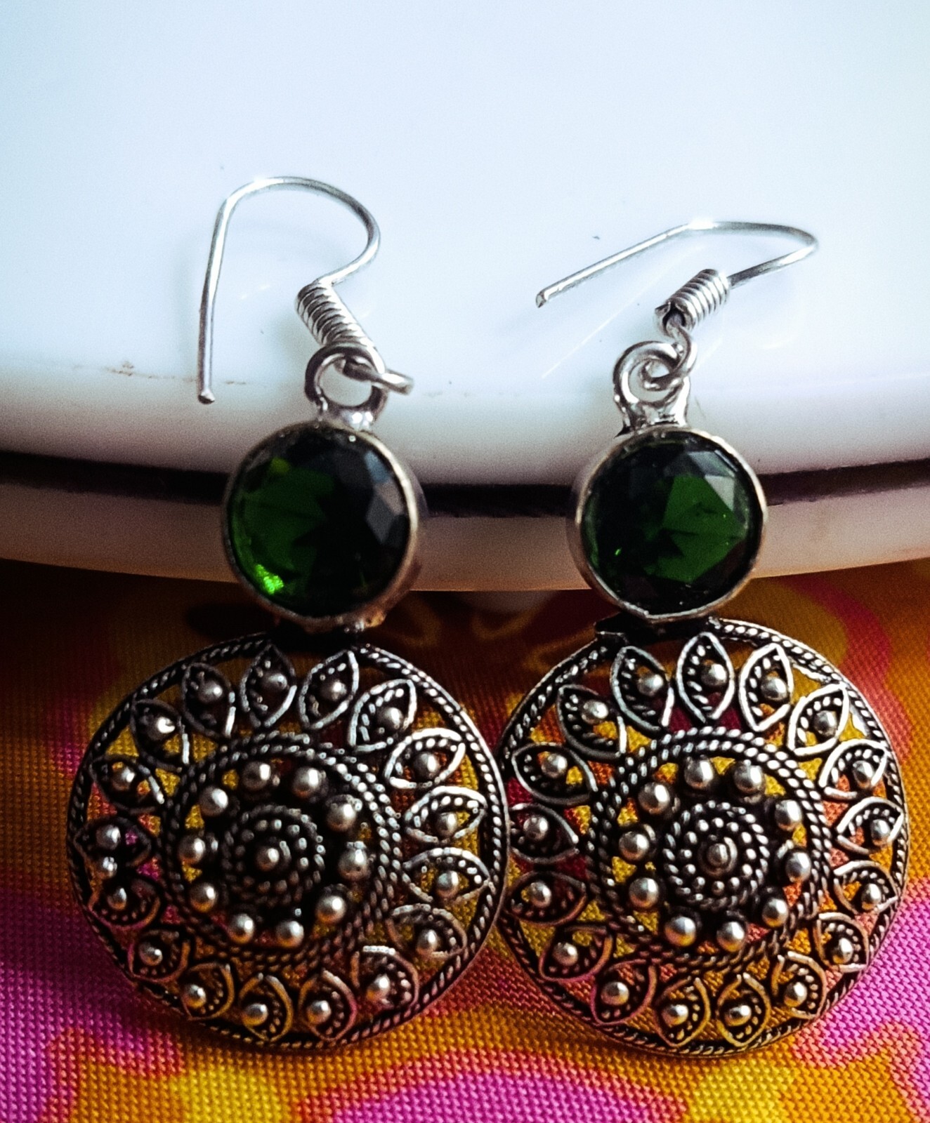 Green Stone Leaf Design Silver Necklace/Pendant Earring Set For Girls and Women