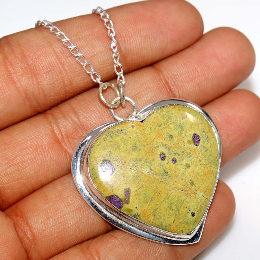 Heart Fine Finish Stichtite 925 Silver Plated Necklace 18″ Graceful Jewelry GW