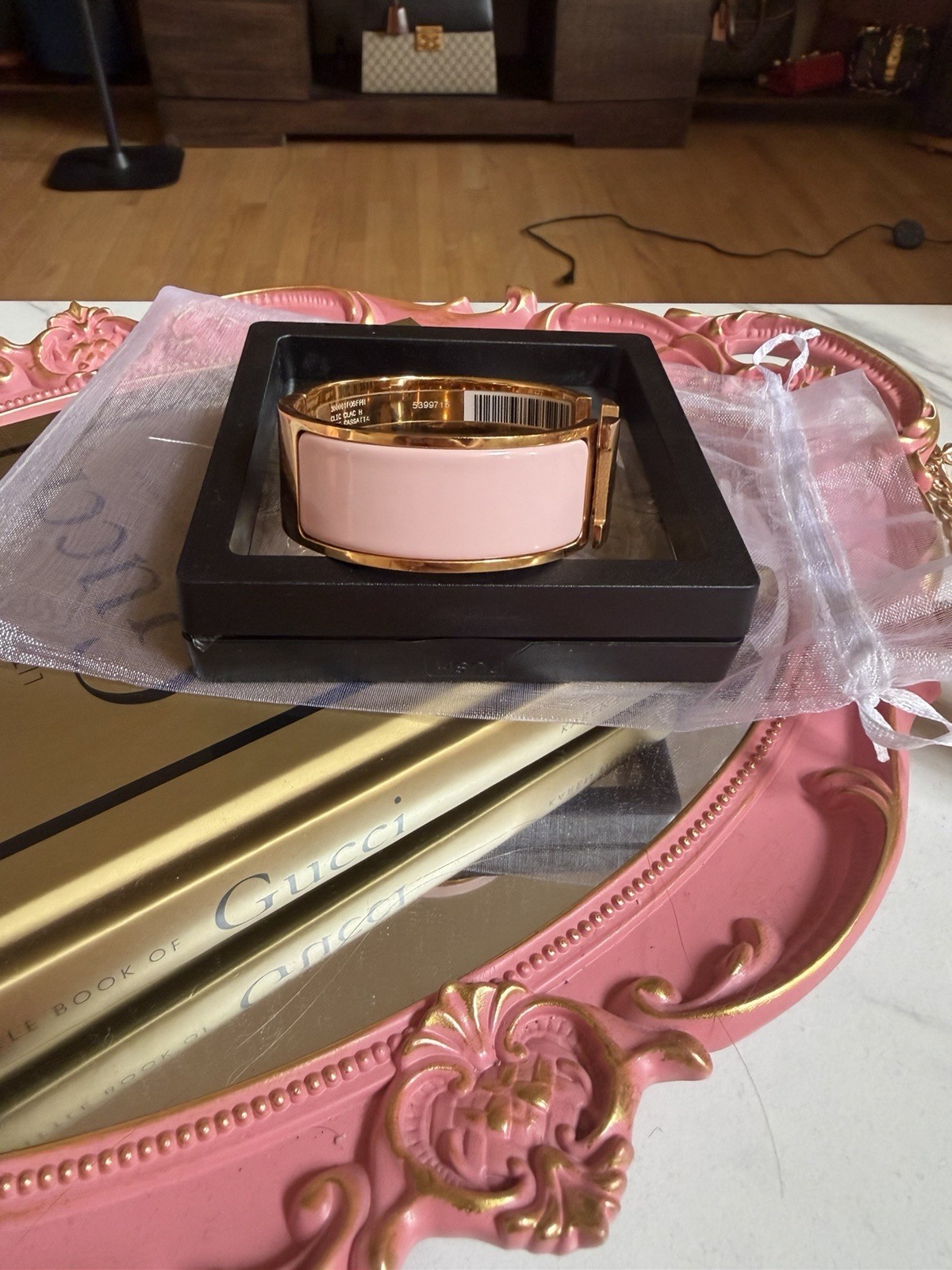 HERMÈS Pink Enamel Gold Tone H Clic Clac Hinged Bangle Cuff Bracelet