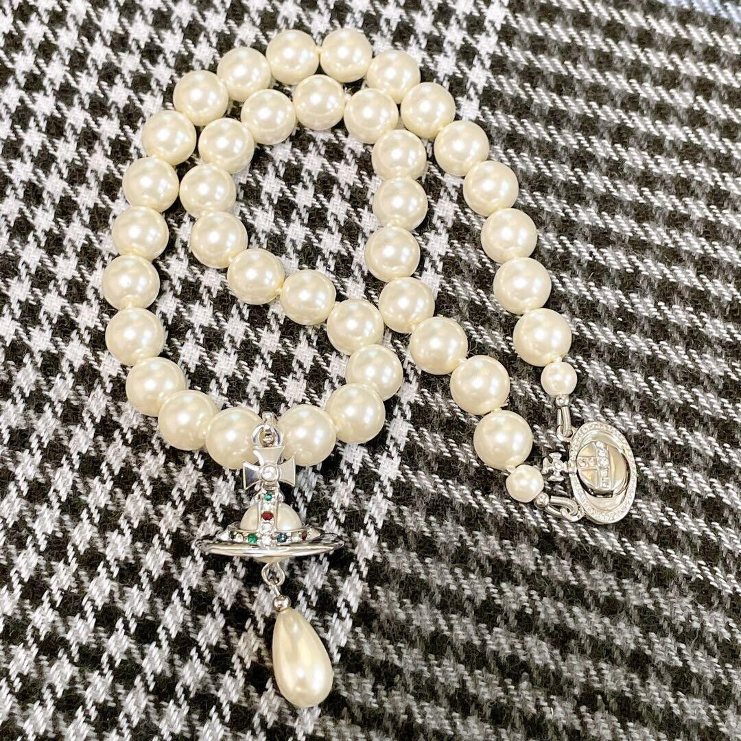 Orb Necklace Choker White 1 Row Drop Pearl with drawstring