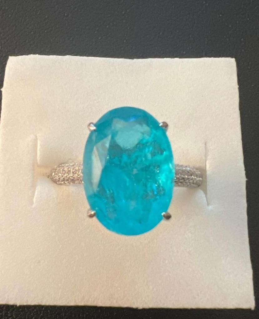 9 Size Marked 925 Oval 6 CT Paraiba Tourmaline Silver Ring Luxury Sparkly Ring