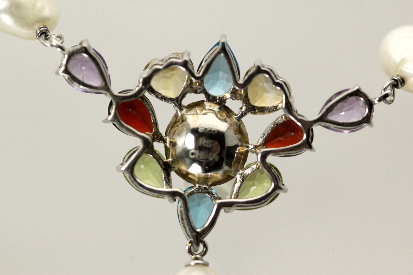 925 Sterling Silver Multi Colored Stones & Pearls 20″ Necklace 17 Grams NEC5402