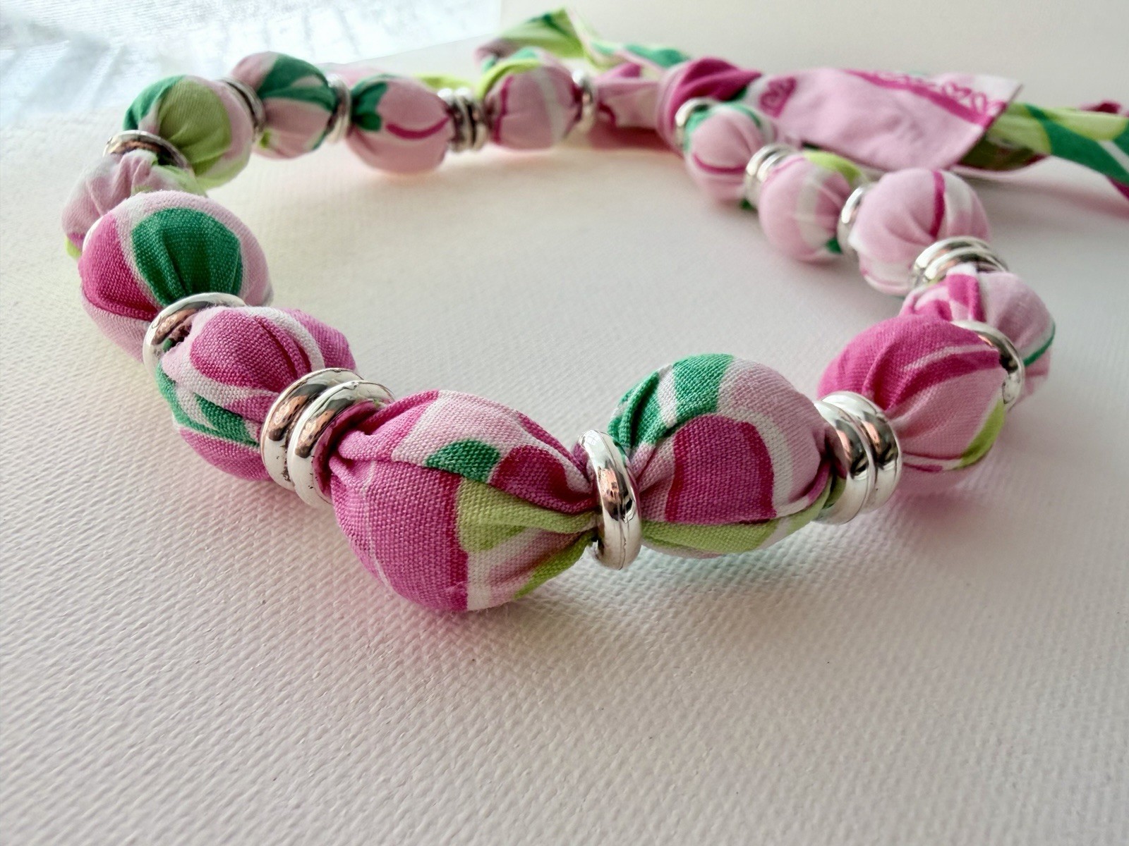 Pea Pods Fabric Bead Necklace Pink Green Floral Adjustable Tie Boutique