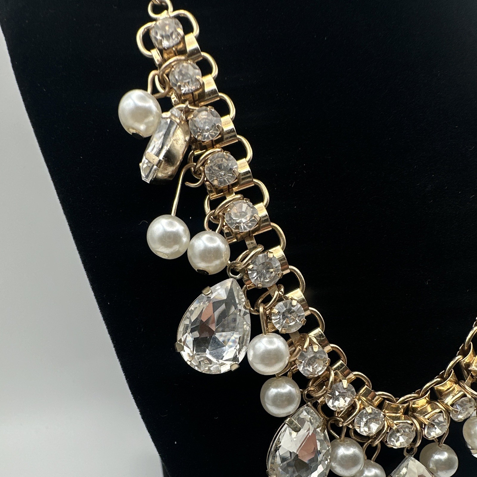 Gold-Tone Cable Chain Necklace Clear Crystal Teardrop Faux Pearl Adjustable
