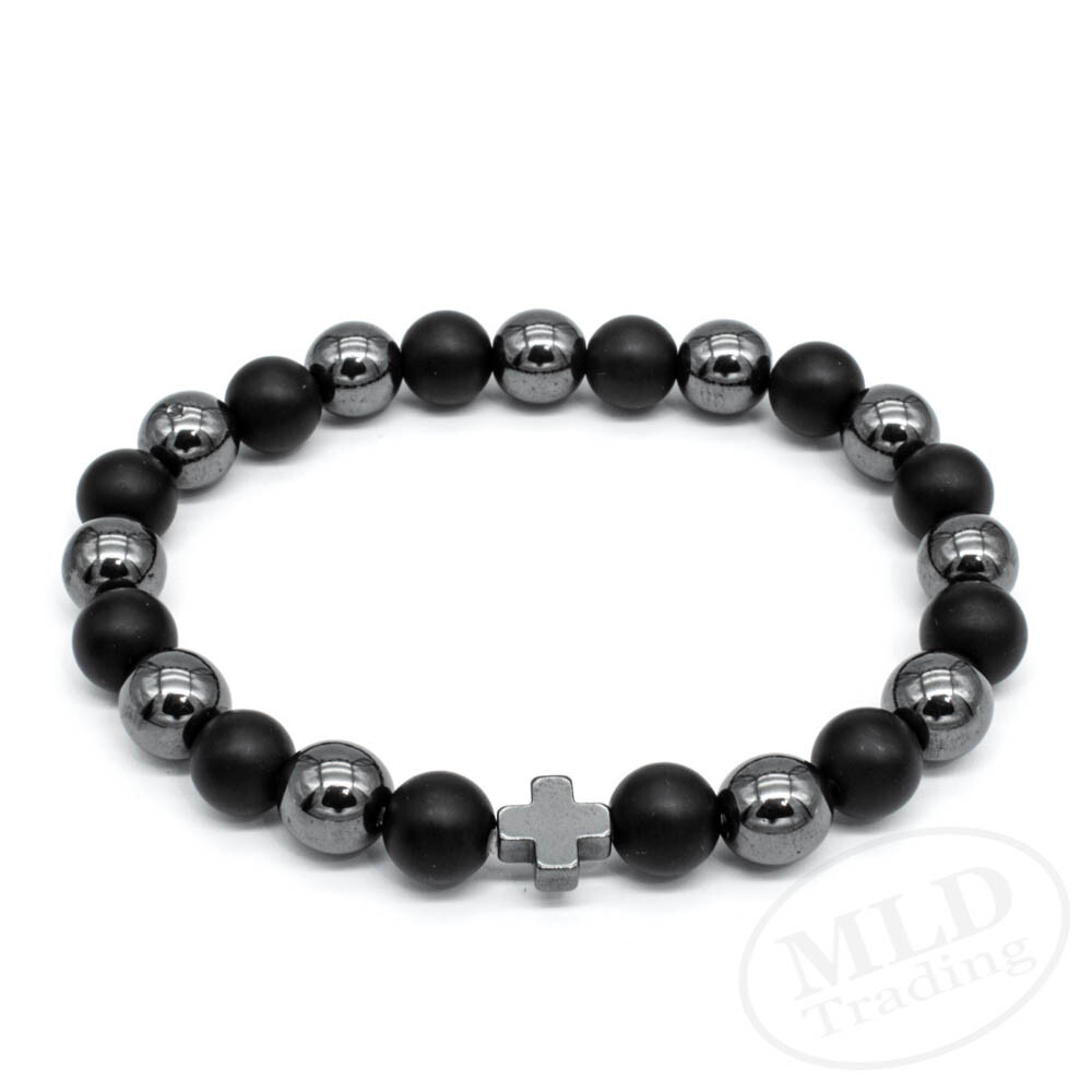Black Hematite & Natural Stone Beads Cross Bracelet, Elastic Cord, 7 Inches