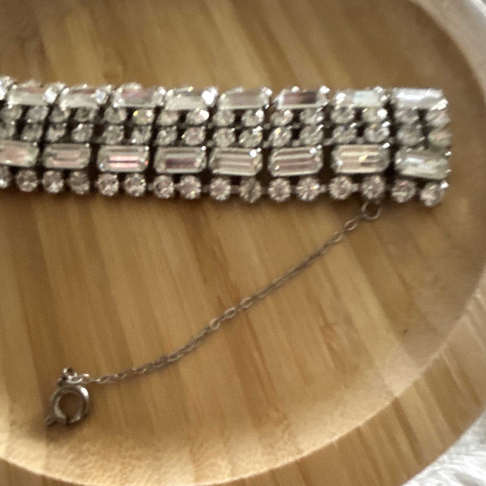 Estate Silver Tone Rhinestone Baguette Rectangle Wide Tennis Bracelet Clasp