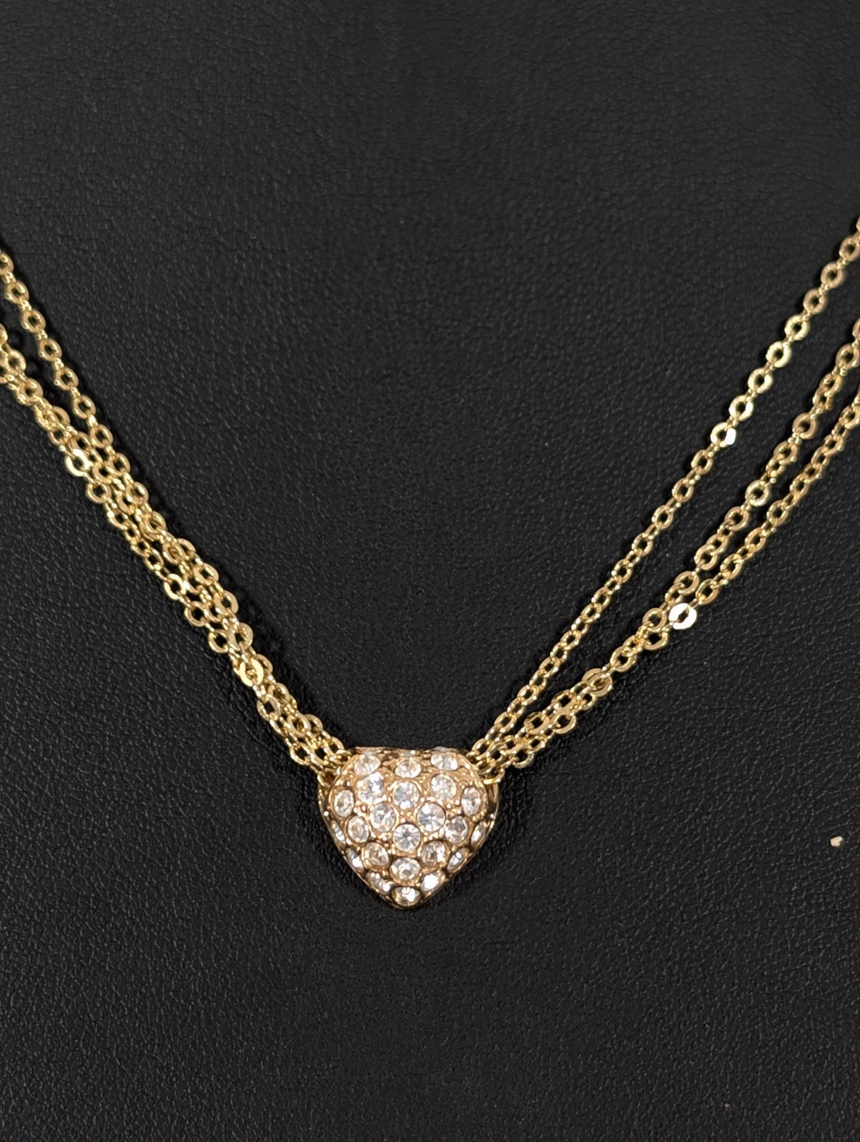 Gold Tone Triple Chain Rhinestone Pave heart Slide Charm Necklace 17.5 in