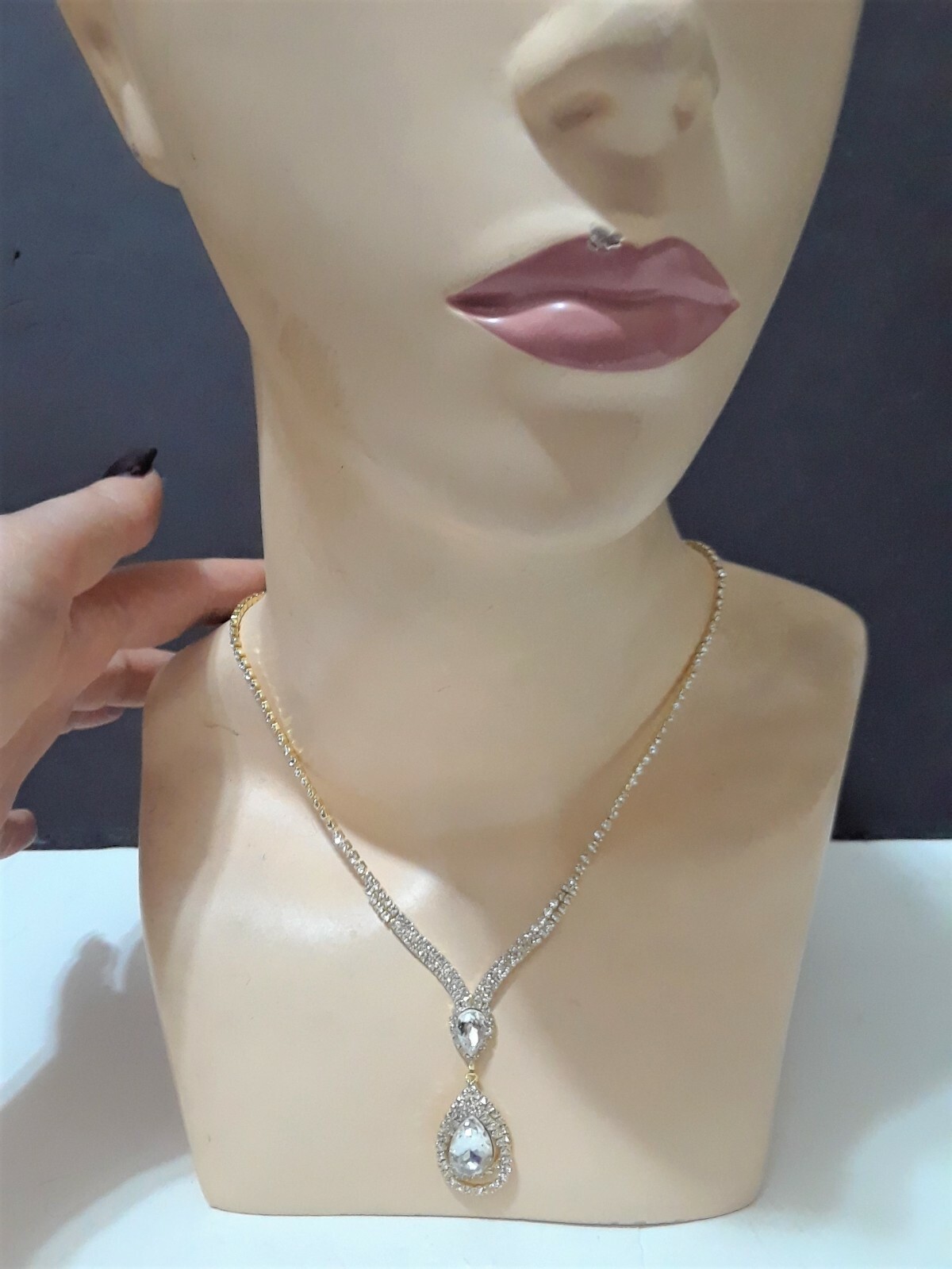 Gold Clear Prom Wedding Bridal Crystal Rhinestone Necklace Earrings Tear Chain