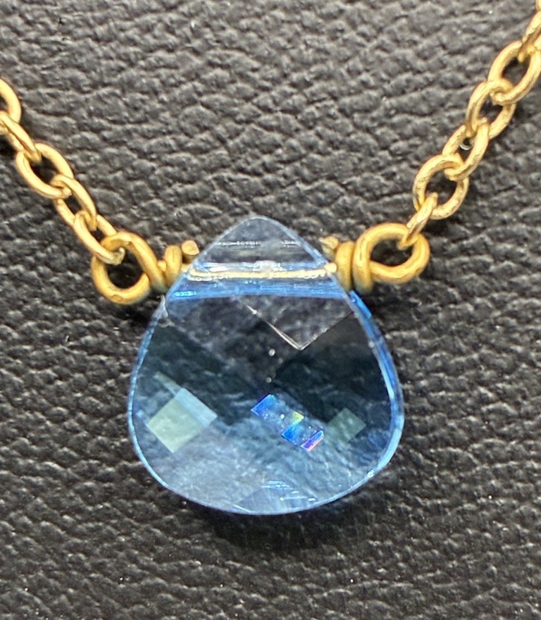 Touchstone Crystal Light Sapphire Briolette and Bead Gold Tone Necklace