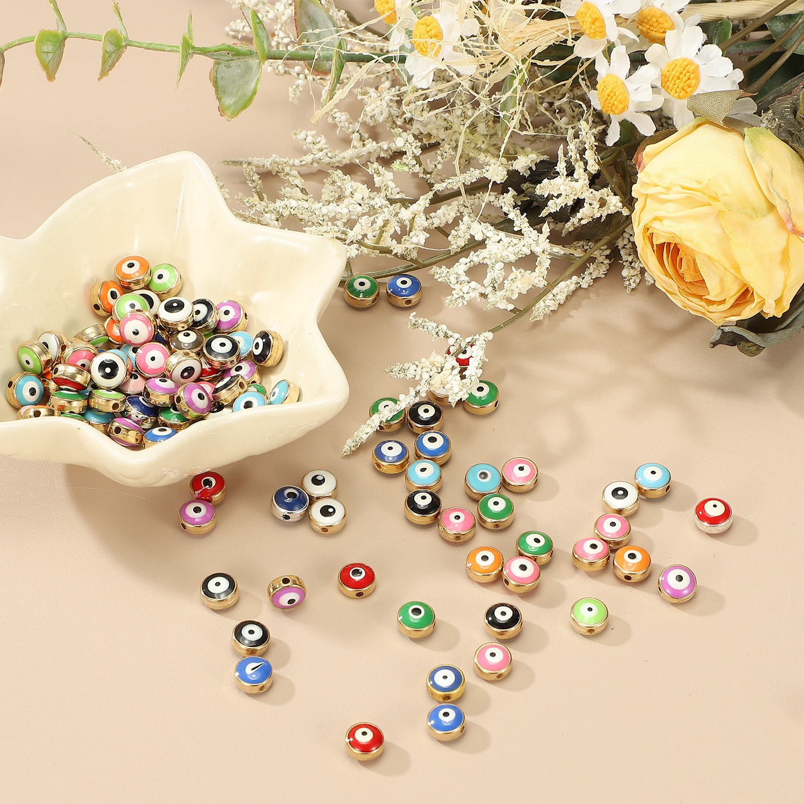 60 Pcs 8mm Flat Round Evil Eye Beads with Golden Edge, White