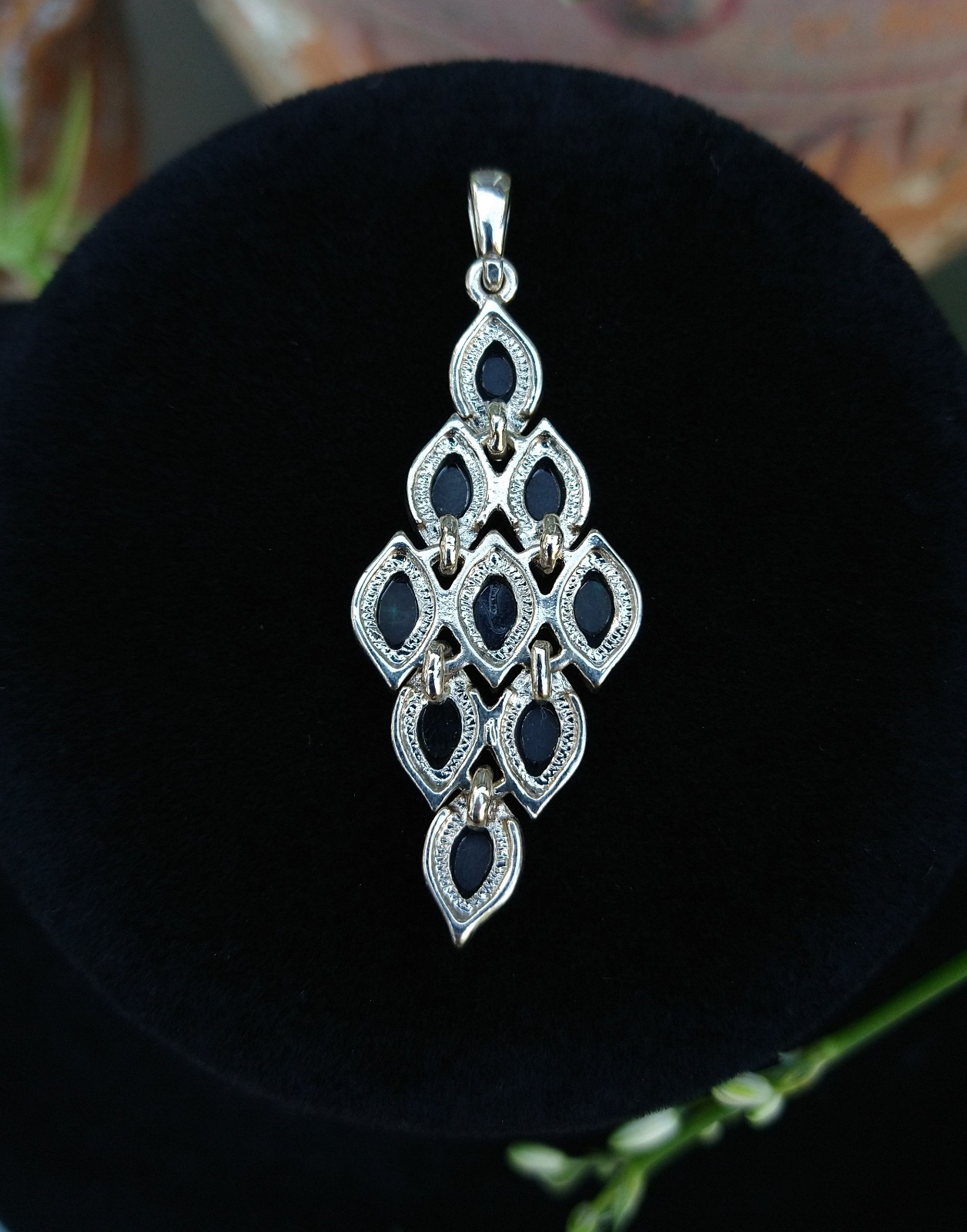 Silver Toned Green & Blue Iridescent Abaolone Shell Diamond Pendant ~ 2″ Long