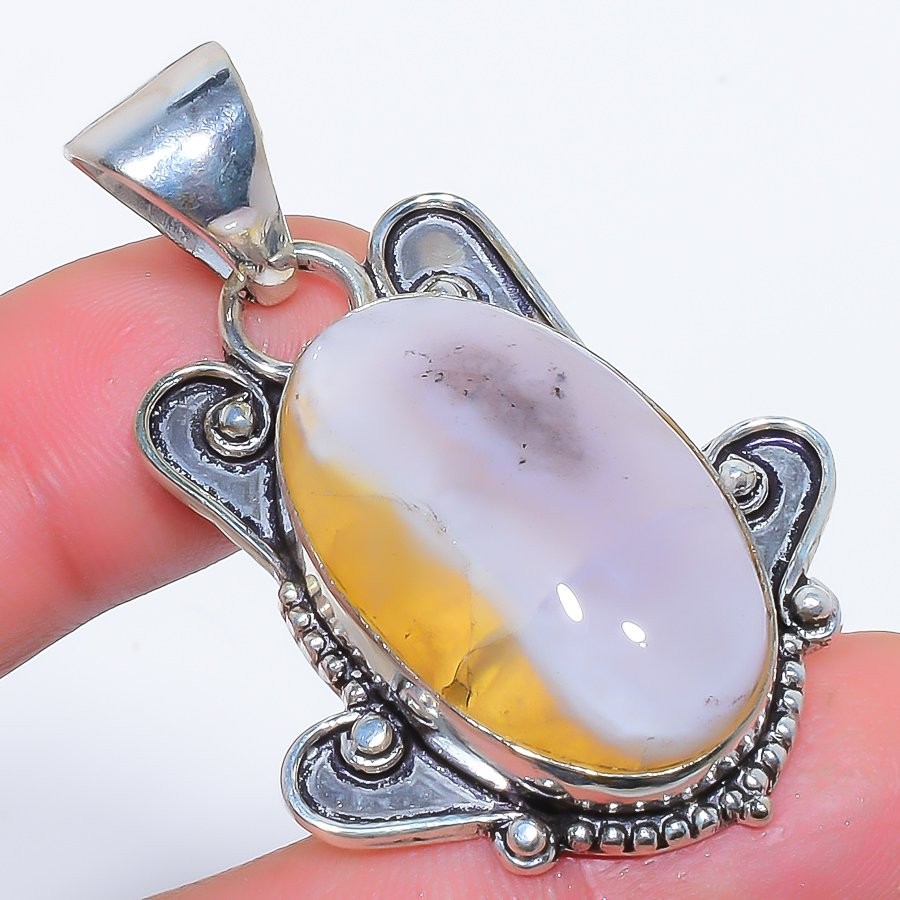 Natural Yellow Lace Agate Gemstone 925 Silver Plated Jewelry Pendant 2.0″ F256