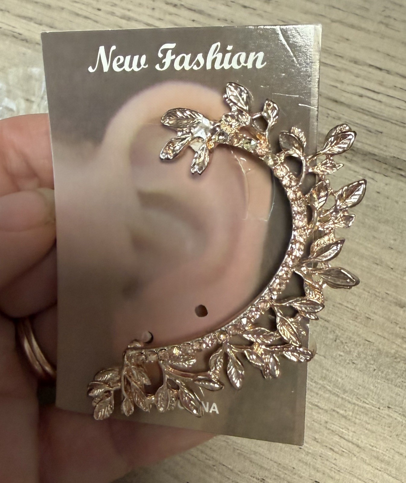 Brand New Costume Jewelry Gold Leaf Ear Cuff with Crystal Rhinestone Branch