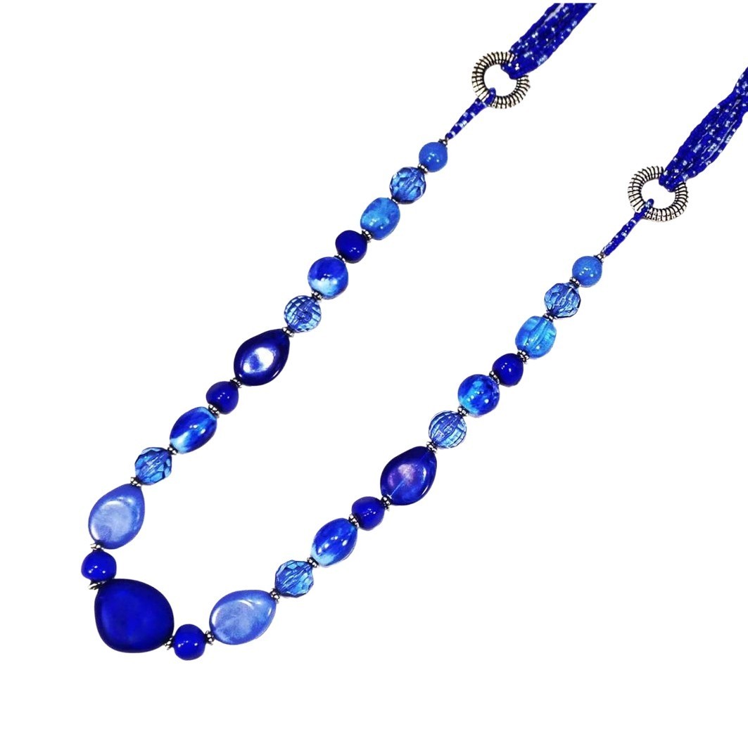 Long Light Blue Boho Bead Necklace Statement Jewelry w/seed beads 37.5” New