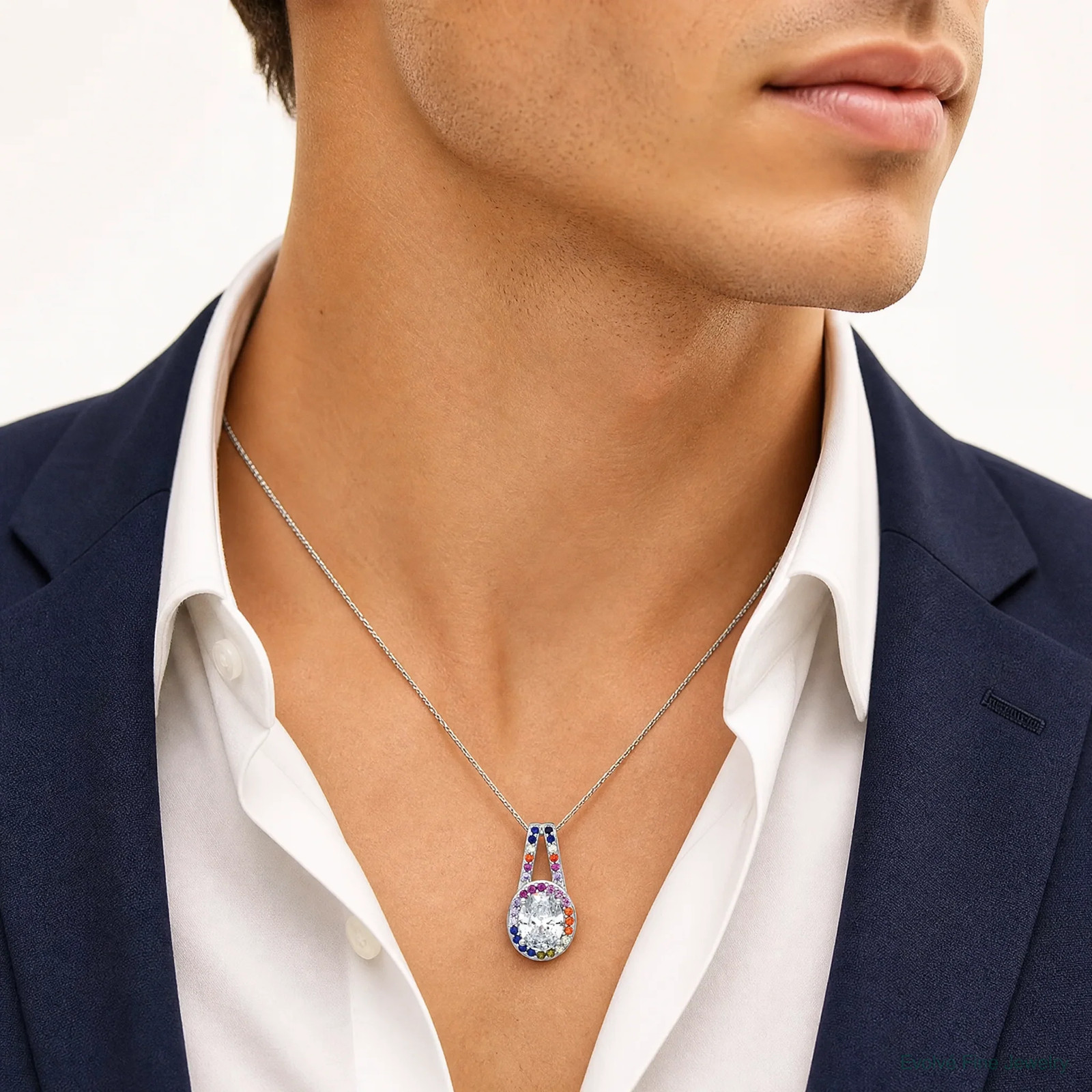 Sterling Silver RH-Plated Polished Multicolor CZ Oval Halo Chain Slide Pendant