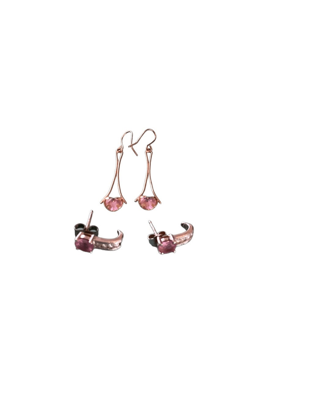Lot of 2 Gold and Silver Pink Sapphire Diamond Earrings Vintage Y2K