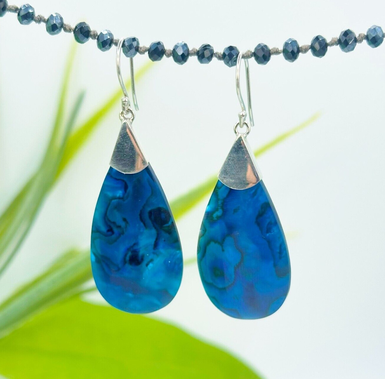 Teardrop Blue Abalone Paua Shell Handmade 925 Sterling Silver Earrings NEW!