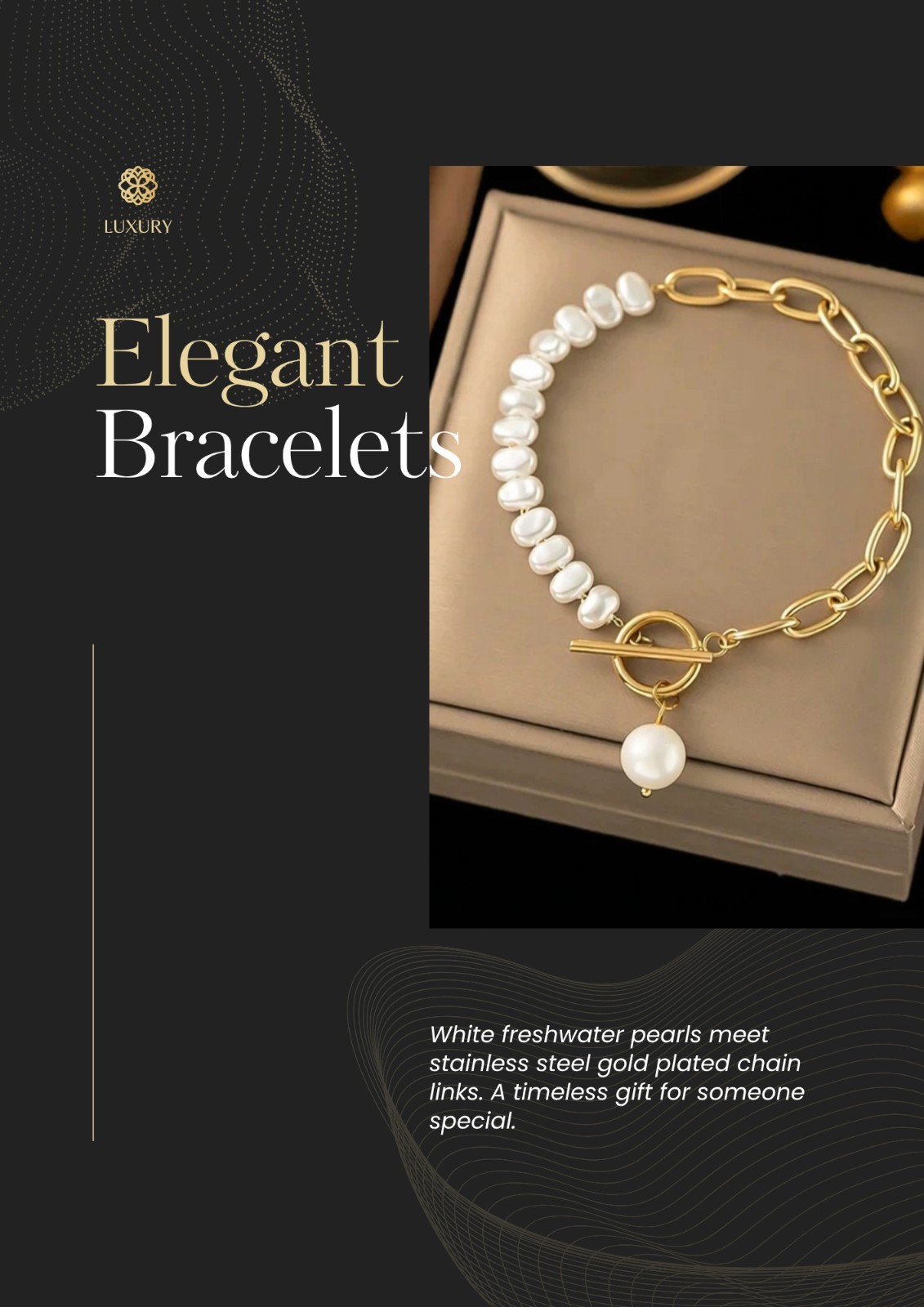 White Round Pearl Yellow Gold Plated Stainless Steel Link Toggle Charm Bracelet