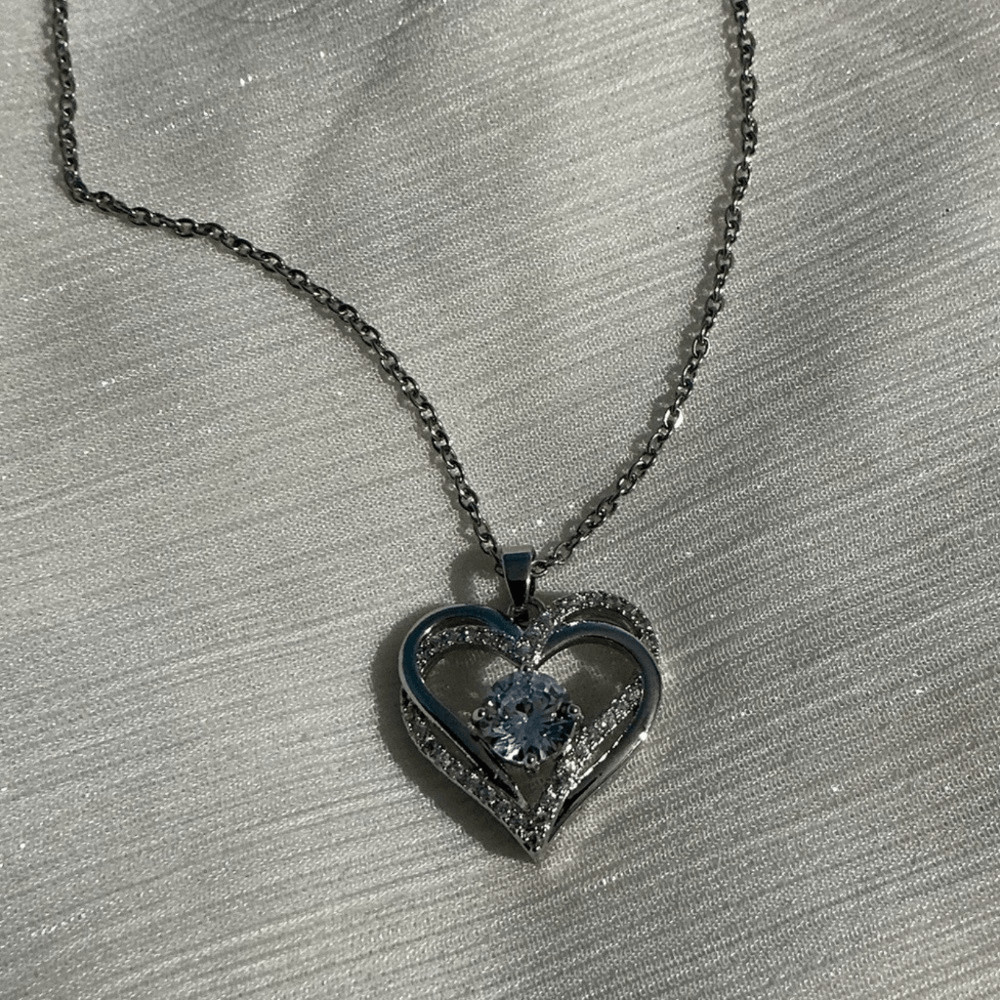 Timeless CZ Diamond Double Heart Pendant Silver Necklace!