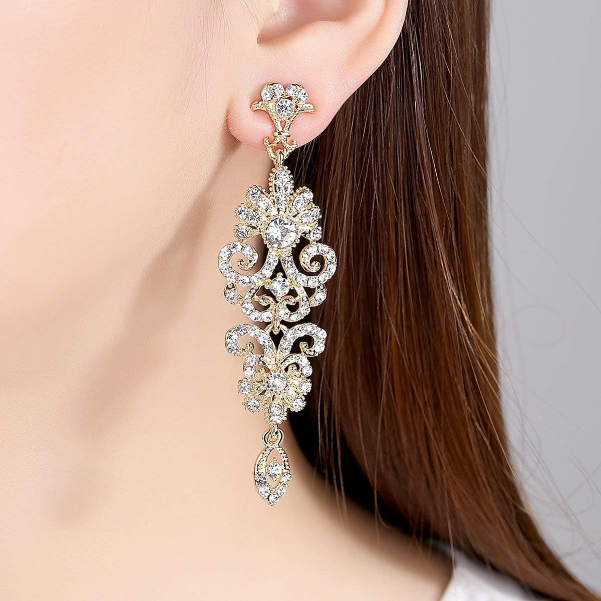 Gold/Silver Rhinestone Chandelier Wedding Bridal Dangle Earrings
