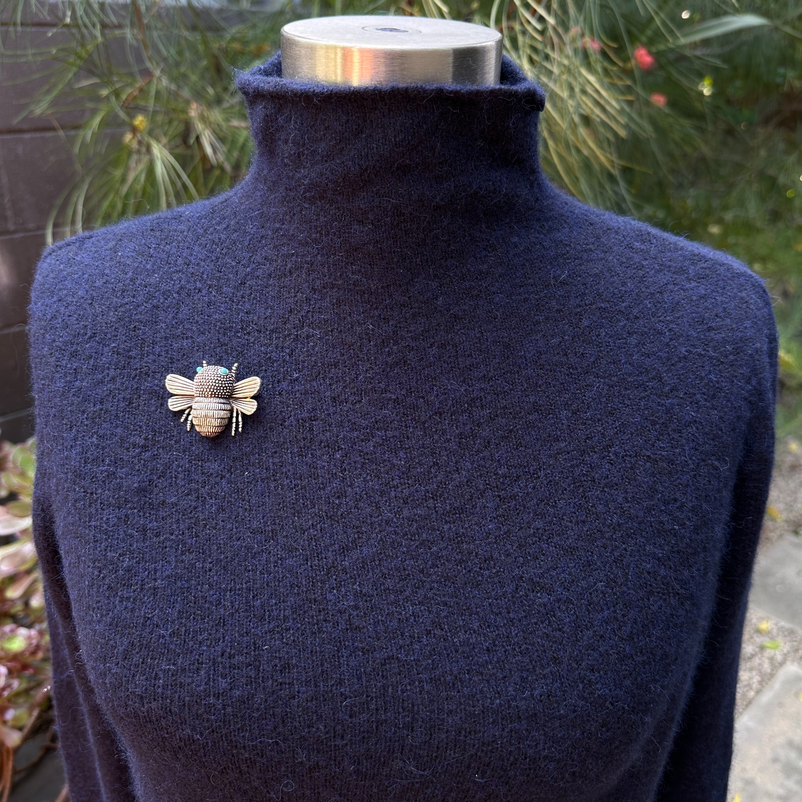 Cute, Pudgy Silvertone Bumblebee Brooch, 1-3/4″ Wide, with Blue Bead Eyes