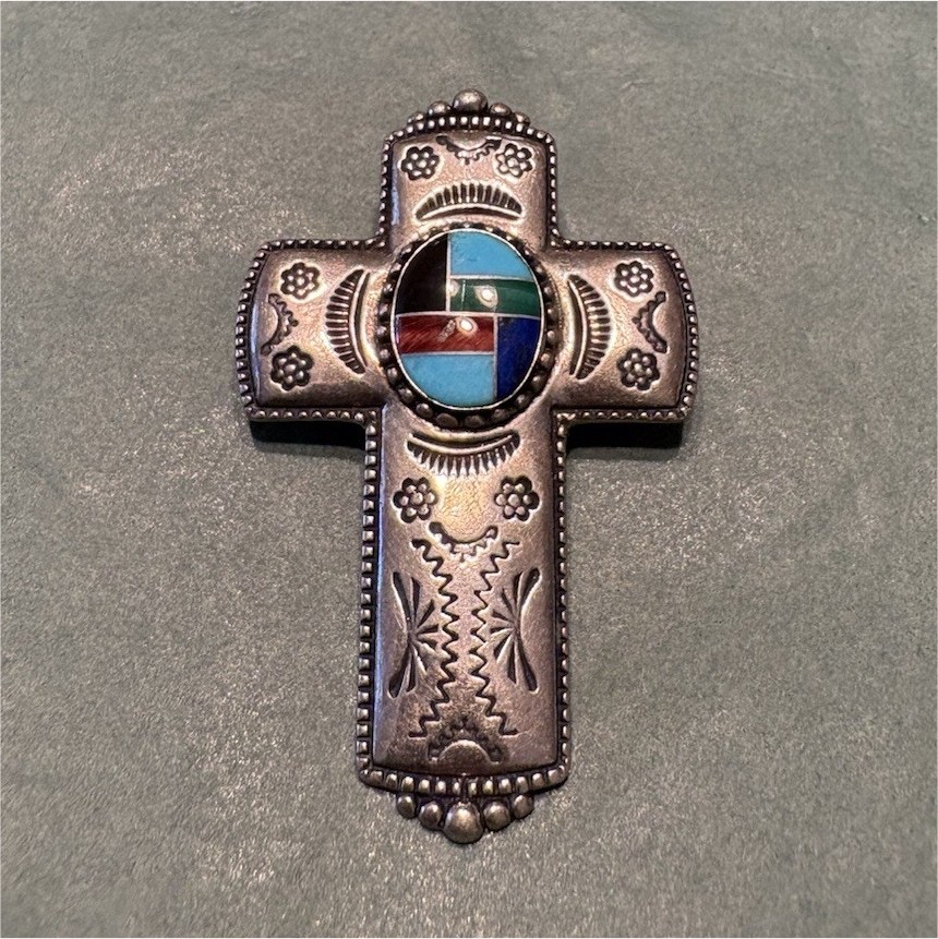 Cross Pendant/Pin Silver Tone Engraved Oval Multicolor Inlay Signed Relios 2 in