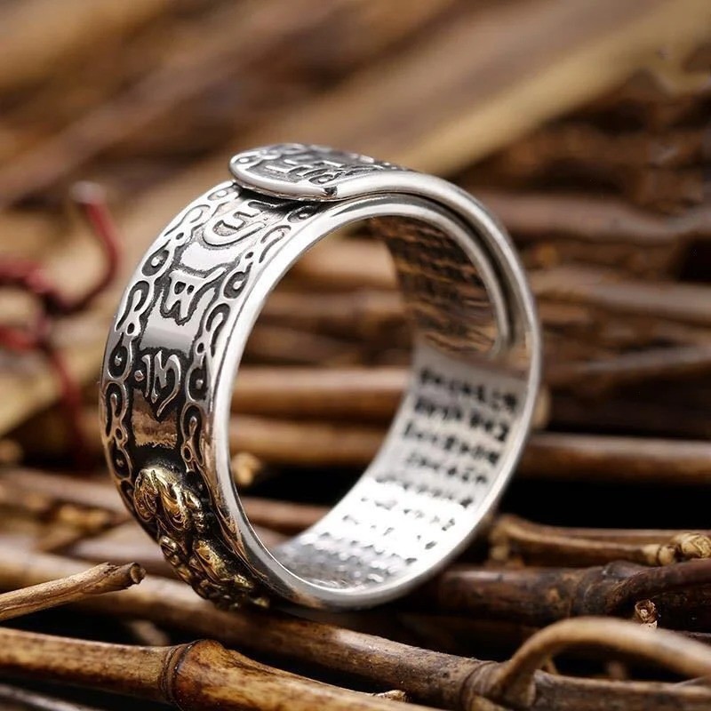 Silver Feng Shui Pixiu Adjustable Ring MANI Mantra Protection Wealth Ring USA