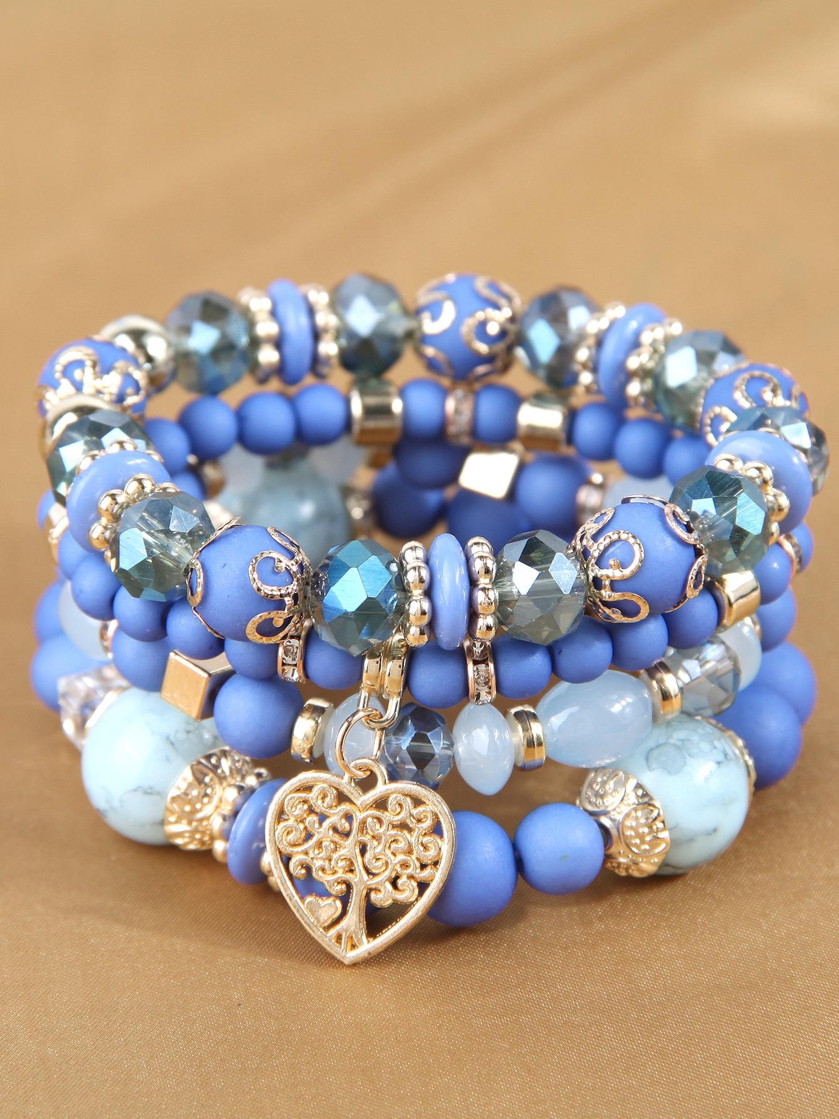 4pcs/set Matte Blue Heart Charm Beaded Bracelet Women Bracelet Stackable