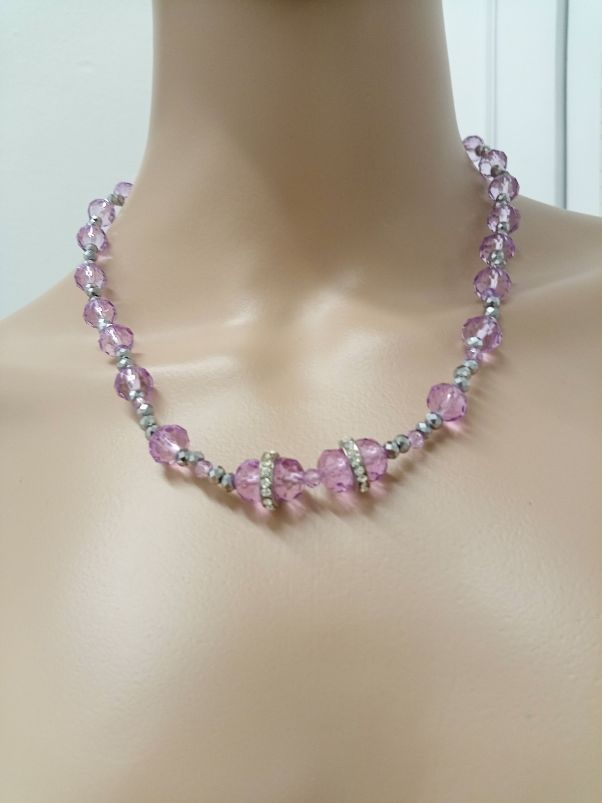 Austrian Crystal Lavender Porcelain Silver Steel and Cubic Zirconia Necklace