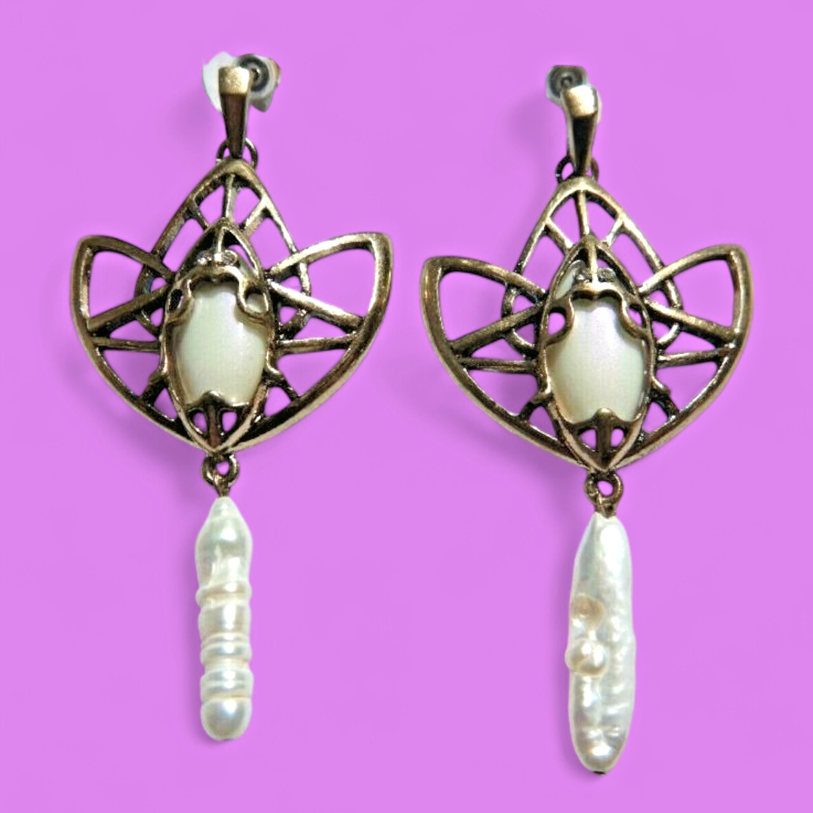 ART DECO LOTUS EARRINGS brass real keshi pearl nouveau geometric flower white V5